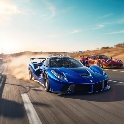 Default_a_sleek_blue_Ferrari_speeding_down_a_highway_surrounde_1